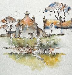 a watercolor painting of an old farm house