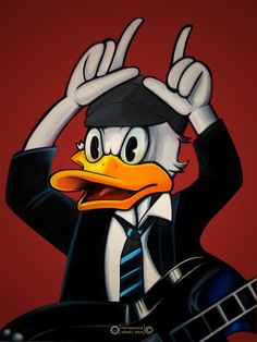 a cartoon duck wearing a suit and tie with his fingers up in the air while holding a guitar