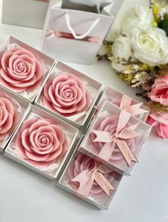 six pink roses are in small boxes on a white table with some flowers behind them