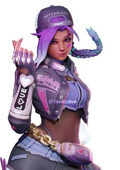 an image of a female character with purple hair and gloves holding a baseball mitt