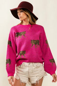 Tiger Silhouette, Fierce Animals, Tiger Pattern, Sweater Fits, Long Sleeve Knit Sweaters, Pattern Sweater, Leopard Pattern, Animal Pattern, Fitted Sweater