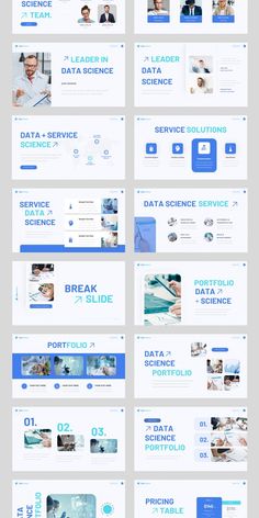 a large number of blue and white powerpoint presentation slides