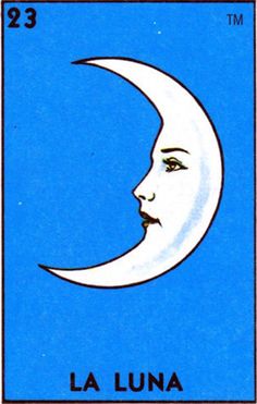 a postage stamp with the image of a crescent moon on it's face, in blue and white