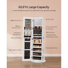 a tall white shelf with lots of items on it and labeled in the words, 64 - inch large capacity