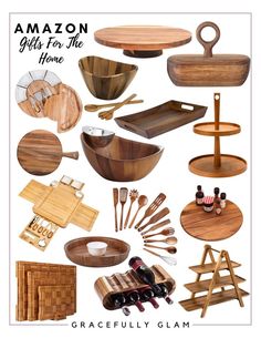 an assortment of wooden kitchen utensils and serving trays with the words amazon gifts for the home