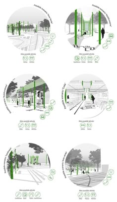 four diagrams showing the various stages of an architectural project