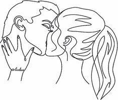 a black and white drawing of two people kissing