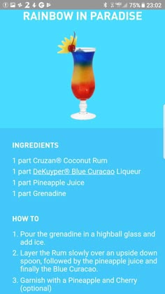 the rainbow in paradise cocktail recipe is shown on a blue background with text below it