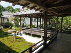 a japanese garden with moss growing on the ground