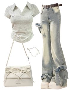 90s Cool Outfit, Flared Jeans 90s Outfit, Outfit Ideas Shirt And Jeans, Outfits With White Bag, Fitted Shirt Outfit Women, Aesthetic Outfits With Jeans, Light Jean Outfits, 90s Fashion Outfits Women, Cute Outfits For Short Women