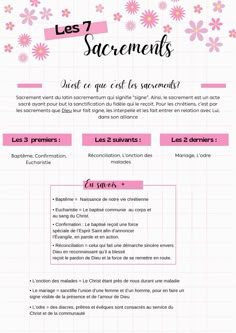 a pink and white flyer with the words les 7 sacrements written in french