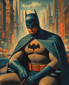 a painting of batman sitting in the middle of a city