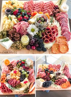 various types of meats and cheeses on a cutting board with fruit, grapes, pineapples