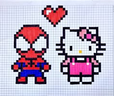 an image of hello kitty and spiderman in cross stitchs on a piece of paper