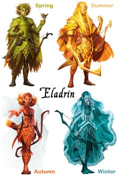 four different types of characters with the names in their respective languages, including autumn, spring, and winter