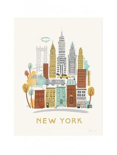 the new york city skyline is shown in this colorful art print, which features buildings and trees