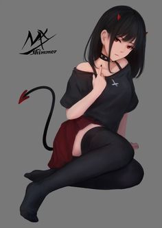 an anime character is sitting on the floor with her hand in her mouth and wearing black tights