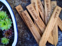 wooden chopsticks with engraved names on them sitting next to a potted plant