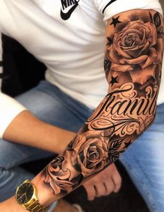 a man with a rose tattoo on his arm