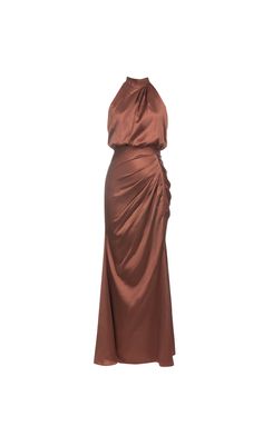 The elegant halter neck and ruched satin fabric create a timeless and sophisticated look. Perfect for prom or any special occasion, this dress is designed to flatter and impress. Pattern Type: Plain Details: Backless, Ruched, Zipper Sleeve Length: Sleeveless Color: Bronze Neckline: Halter Length: Long Fit Type: Slim Fit Fabric: Non-Stretch Material: Woven Fabric Composition: 97% Polyester, 3% Elastane Care Instructions: Machine wash, do not dry clean Colour may vary due to lighting on images. The product images (without model) are closest to the true colour of the product. Item runs true to size chart and is cut to suit our size chart. Please refer to our size chart for the best fit. Do not size up or down. Prom Dress Halter Neck, Halter Neck Prom Dress, Prom Dress Halter, Goddess Aesthetic, Plus Size Corset, Velvet Midi Dress, Puff Long Sleeves, Color Bronze, Satin Prom Dress