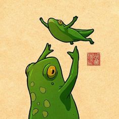 two green birds flying in the air above each other with chinese writing on it's side