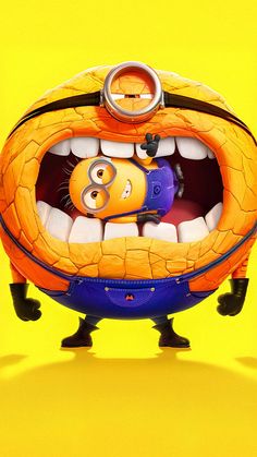 an orange and blue cartoon character with its mouth open in front of a yellow background