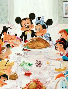 a group of cartoon characters standing around a turkey on a table in front of them