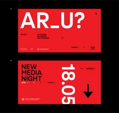 two red and black banners with the words ar u?, new media night on them