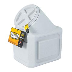 a white plastic container with a yellow tag on it