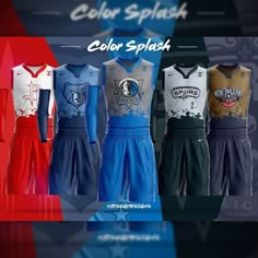 the basketball uniforms are all different colors