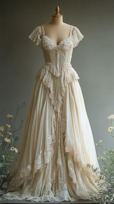 an antique wedding dress is displayed on a mannequin with flowers in the background