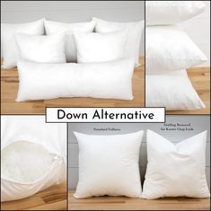 four different pillows with the words down alternative written in white on top and below them