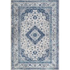 A classic medallion design gets a cottage makeover in French Country blues. The ornate pattern features a central medallion and border, with vines and flowers in an updated palette of multiple colors. Mingled threads create a slightly distressed look. Cottage Makeover, French Country Blue, Vines And Flowers, Blue Gray Area Rug, Ornate Pattern, Persian Blue, Country Blue, Persian Area Rug, Medallion Design