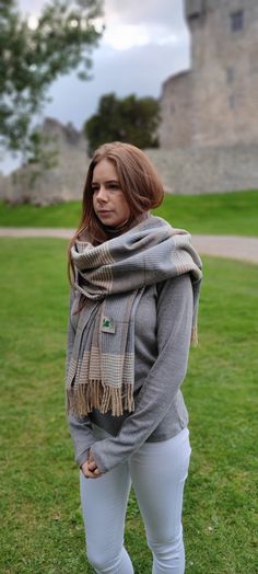 "Irish Soft Lambswool Shawl, Oversized Scarf, -Cream Taupe/Denim Check Check- 100% Wool -Really Warm-71\"X25\"(180cmx64cm) -HANDMADE IN IRELAND Our luxury shawls are elegantly stylish and wrap you in warmth. They are both practical and hard wearing and their versatility means they look fantastic in the town or country and work for both special occasions or for everyday wear. Must-have for every woman! - Really soft Pure New Lambswool - woven in Ireland - supersoft & cosy - really warm and breath Oversized Scarf, Every Woman, Shawls And Wraps, Shawl, Knitted Scarf, Everyday Wear, Turtle Neck, Wool, Pure Products