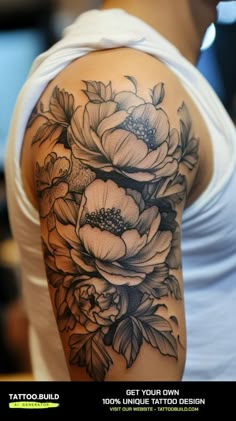 a woman's arm with flowers on it and the words get your own design