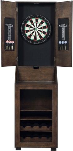 a wooden cabinet with darts in it