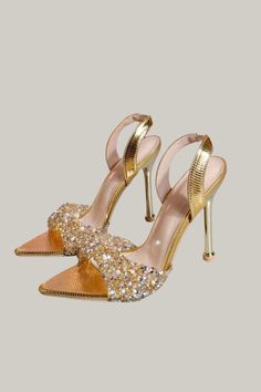 Elevate your style with our High-Heeled Pointed-Toe Metallic Rhinestone Sandals. These glamorous shoes feature intricate rhinestone details and an open toe design, perfect for showing off your pedicure. With a sleek stiletto heel and an ankle strap for added support, these sandals are both fashionable and functional. Made with high-quality materials such as PU leather lining and insole, as well as a durable PVC outsole, these sandals are sure to make a statement and elevate any outfit. In a beau Rose Gold High Heels, Crazy Heels, Bandage Jumpsuits, Pretty Sandals, Rhinestone Sandals, Plus Size Jumpsuit, Leather High Heels, Shoe Lover, Designer Heels