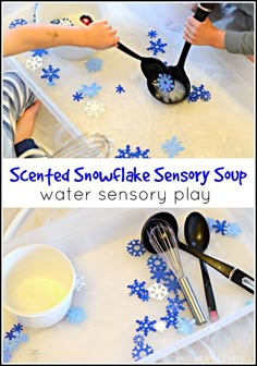 snowflakes and spoons are being used to make an ice cream play for toddlers