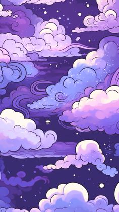 clouds and stars in the night sky with purple hues, blue and white colors