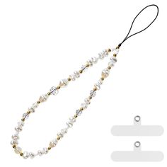 a long necklace with pearls and gold beads