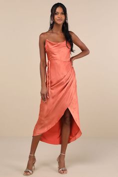 Channel all those chic garden party vibes with the Lulus Sophisticated Sight Peach Satin Jacquard Cowl Midi Dress! Sleek woven satin, with floral jacquard design throughout, shapes adjustable spaghetti straps that support a flattering bodice with a cowl neckline. Slender, removable sash belt wraps the waist, atop an overlapping midi skirt with flattering gathering along the side. Hidden zipper/clasp at back. Fit: This garment fits true to size. Length: Ankle length. Size medium measures 50.50" f Spring Wedding Satin Dress With Tie Back, Satin Dress For Spring Brunch, Satin Midi Dress With Tie Back For Brunch, Chic Satin Dress For Spring Bridesmaids, Chic Satin Bridesmaid Dress For Spring, Spring Bridesmaid Satin Dress With Tie Back, Chic Satin Dress For Summer Wedding Guest, Elegant Satin Midi Dress For Garden Party, Spring Bridesmaid Silk Midi Dress