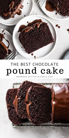 the best chocolate pound cake is cut in half and served on white plates with forks