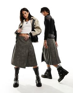 Reclaimed Vintage unisex midi kilt skirt in washed faux leather | ASOS Edgy Pleated Bottoms For Fall, Edgy Skirt With Pockets For Fall, Rock Style High Waist Skirt For Fall, Rock Style High-waisted Skirt For Fall, Punk Streetwear Skirt For Fall, Edgy Fall Midi Skirt, Fall Streetwear Mini Skirt, Mini Skirt For Fall Streetwear, High-waist Grunge Skirt For Fall