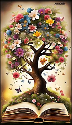 an open book with flowers and butterflies on it, in the shape of a tree