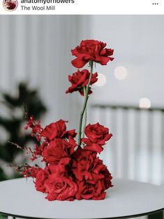 some red flowers are sitting on a white table