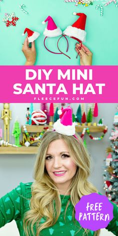 a woman in green shirt with santa hat on her head and text overlay that reads diy mini santa hat