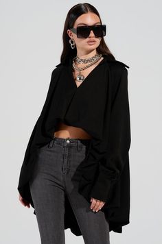 NEW RULES HIGH LOW HEM BLOUSE IN BLACK – AKIRA Trench Coat And Boots, Style With Jeans, All White Party, Bubble Hem, White Accessories, Hem Blouse, How To Stretch Boots, Wide Calf Boots, Hem Style