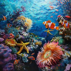 an underwater scene with clown fish and starfish in the water, surrounded by corals