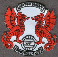 a red and white patch with two dragon on it's side, in front of a gray background