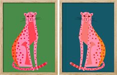 two pictures of pink and green cats with polka dots on them, one in the shape of a cheetah